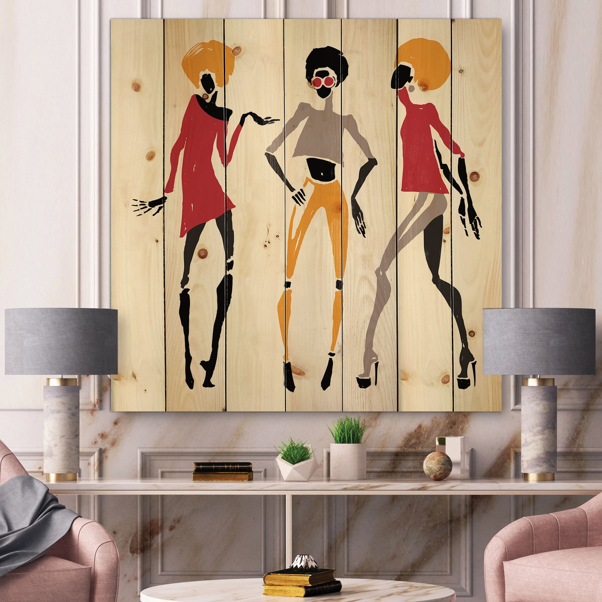 Designart 'African American Women Silhouettes Red and Yellow I' Modern Print on Natural Pine Wood