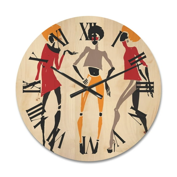 Designart 'African American Women Silhouettes Red and Yellow I' Modern Wood Wall Clock