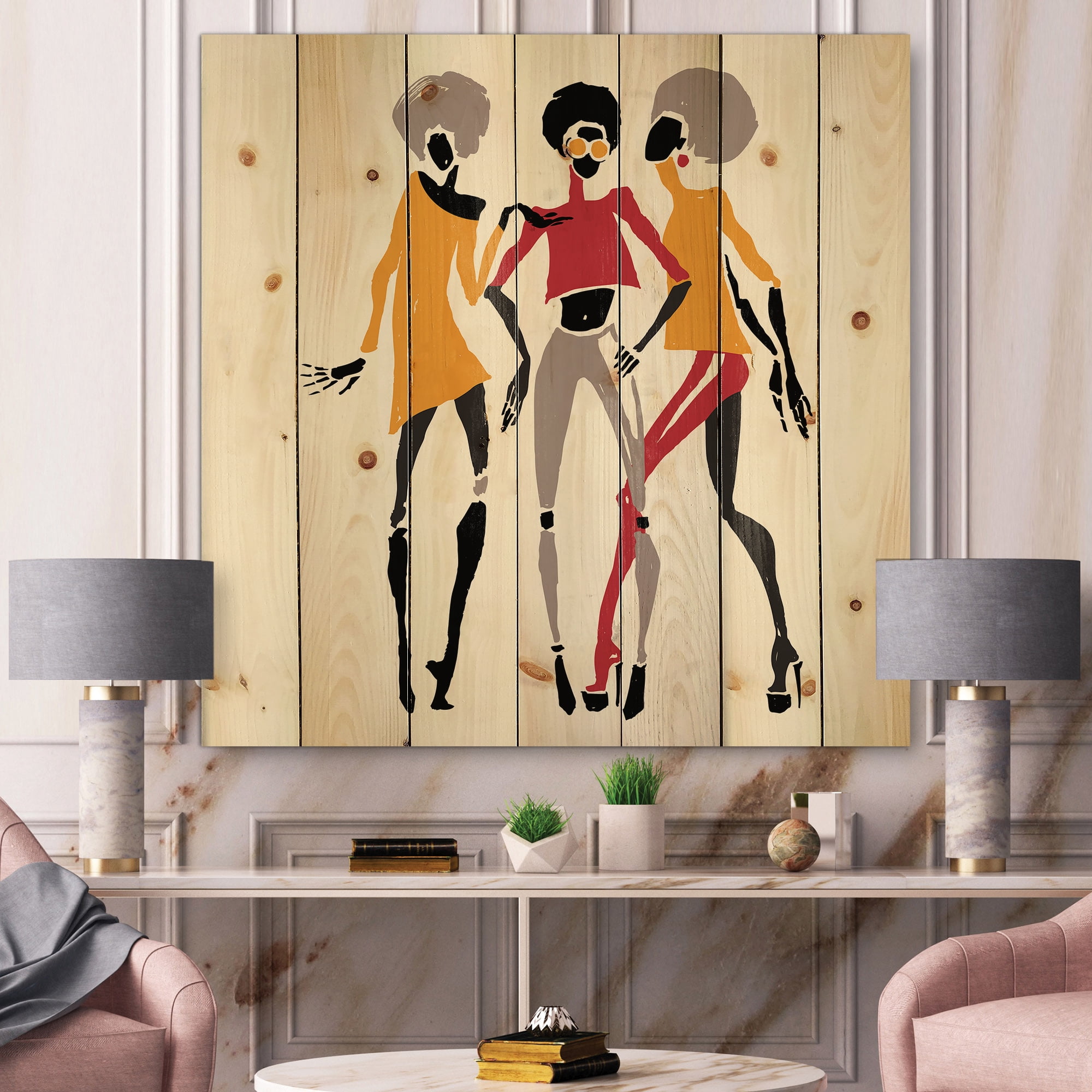 Designart 'African American Women Silhouettes Red and Yellow II' Modern Print on Natural Pine Wood