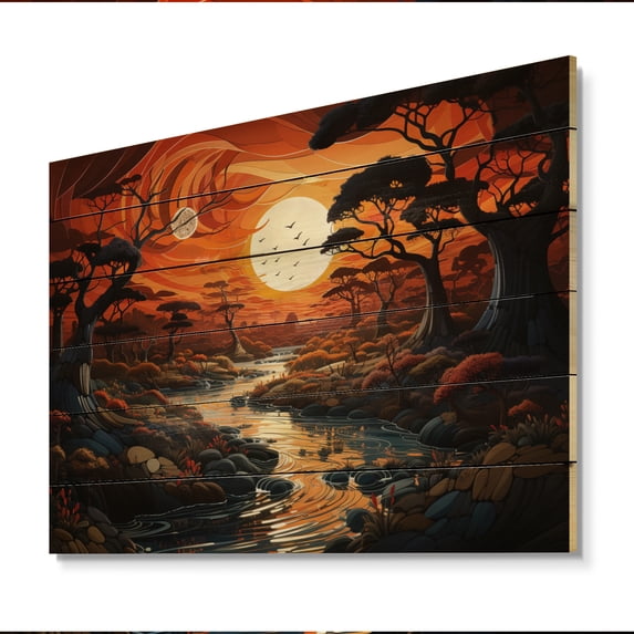 Designart "African Aura in a Sunset Riverforest" Landscapes Print on Natural Pine Wood