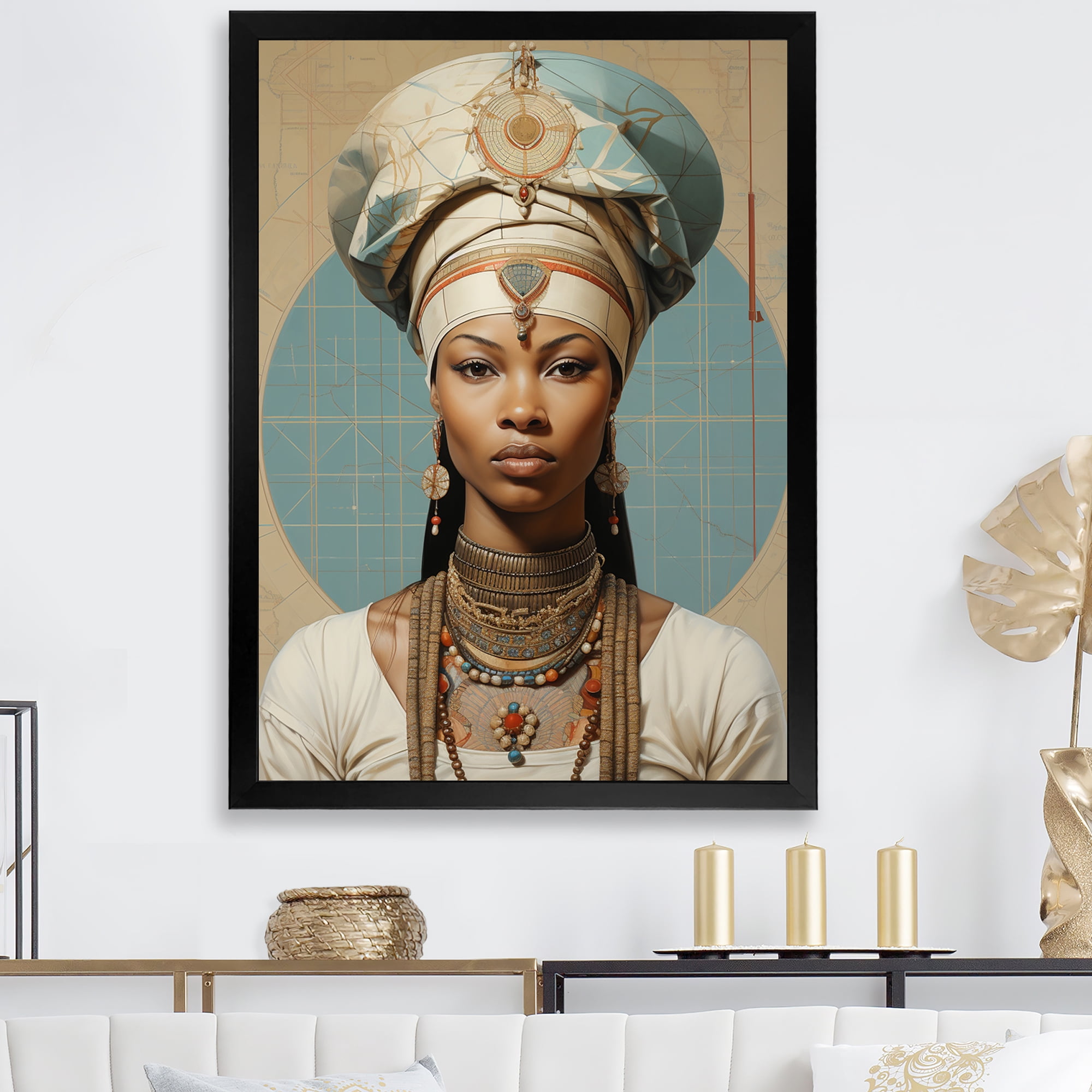 Designart "African Beauty Blue and Beige Portrait" Fashion Framed Wall