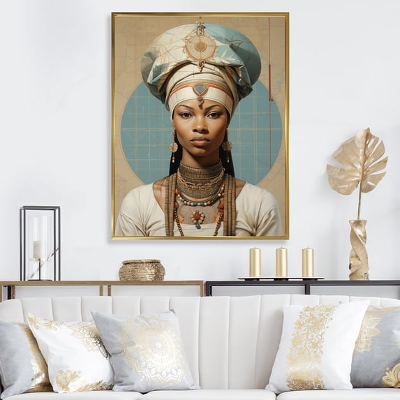 Designart "African Beauty Blue and Beige Portrait" Fashion Framed Wall Art - Glam Brown Woman African Hallway Framed Wall Art Decor