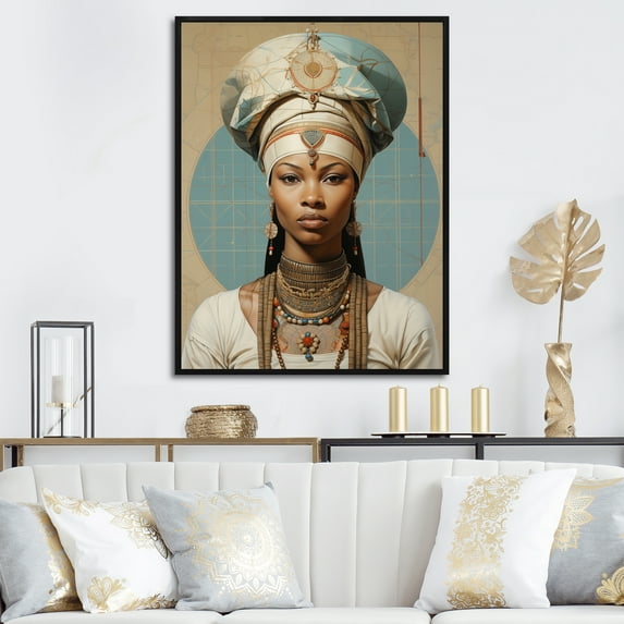 Designart "African Beauty Blue and Beige Portrait" Fashion Framed Wall Art - Glam Brown Woman African Hallway Framed Wall Art Decor