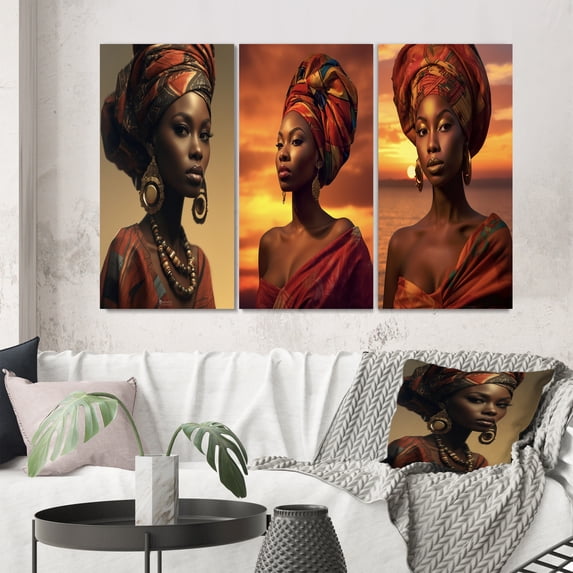 Designart "African Beauty in Traditional Sunset Attire III" African American Woman Wall Art Set Of 3 - Woman African American Red Canvas Set For Living Room Decor