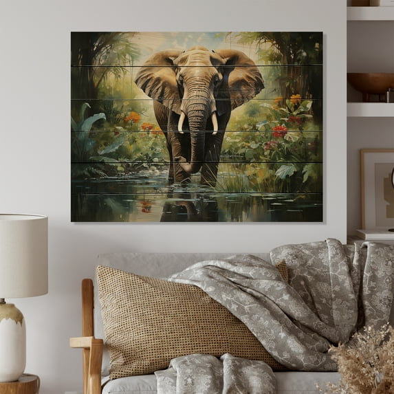 Designart "African Elephant I" African Print on Natural Pine Wood