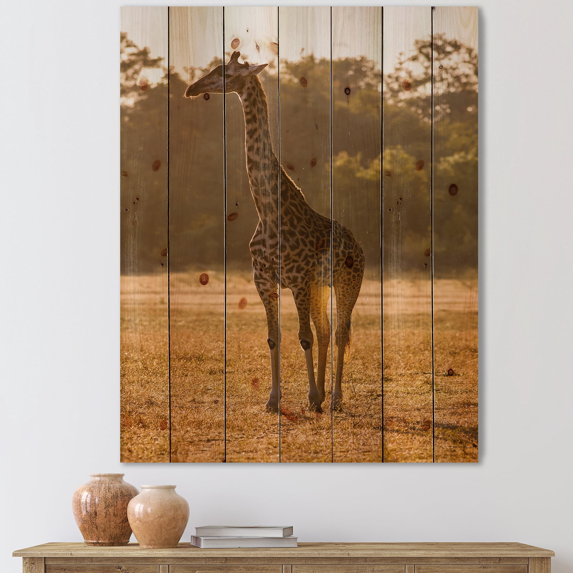 Designart 'African Giraffe In The Wildlife II' Farmhouse Print on Natural Pine Wood