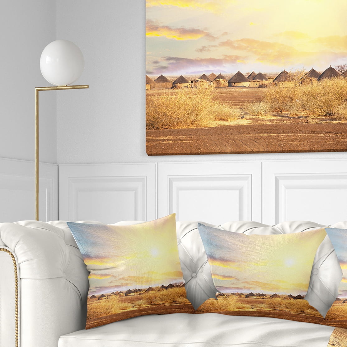 Designart African Huts under Colorful Sky - Landscape Printed Throw Pillow - 18x18