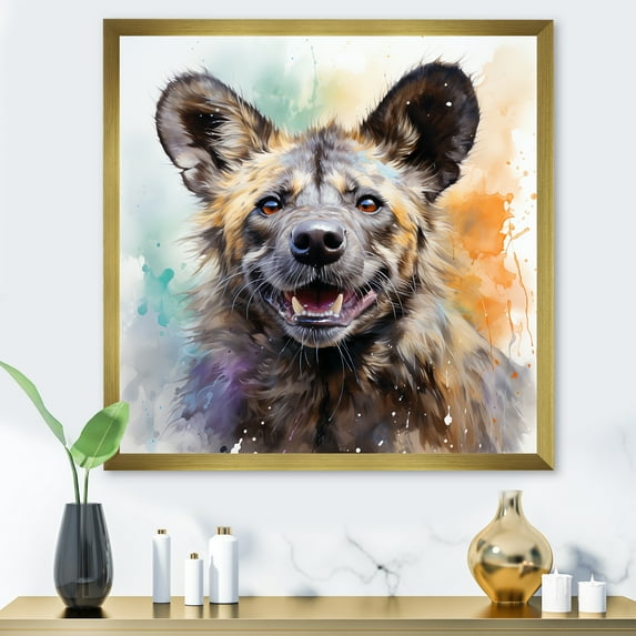 Designart "African Hyena Haven Hunt in Brown and Green" Animals Framed Wall Art Decor - Modern Brown Other Animals Bedroom Framed Canvas Wall Art