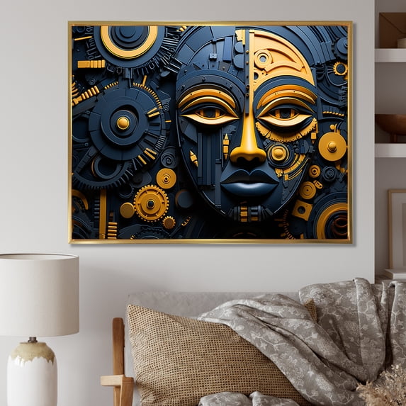 Designart "African Kuba Patterns Mask in Yellow and Blue" People Framed Wall Art - Global Yellow African Mask Hallway Framed Wall Art Decor