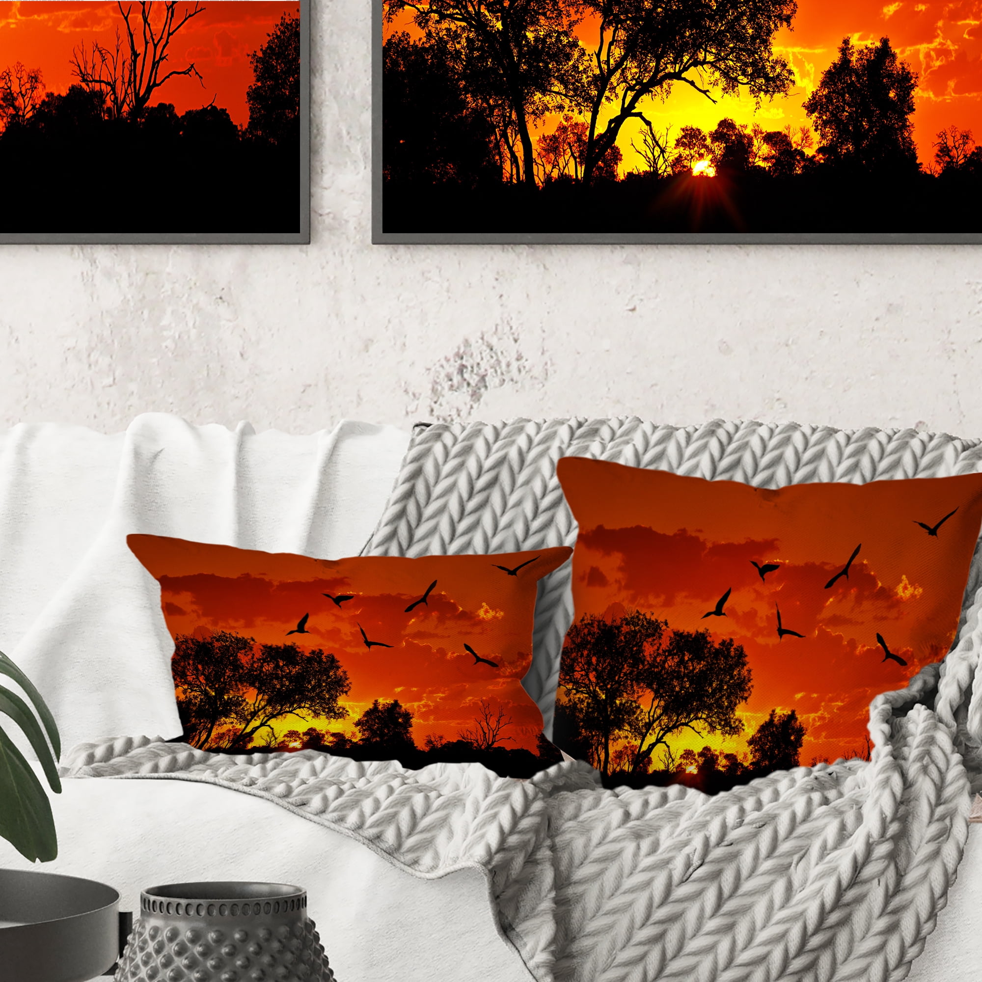 Designart African Landscape with Warm Sunset - African Landscape Printed Throw Pillow - 18x18