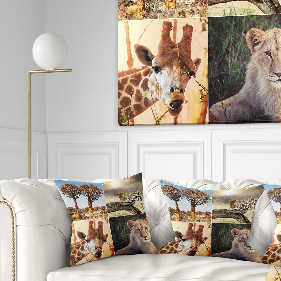 Designart African Safari Wildlife Collage - African Landscape Printed Throw Pillow - 18x18
