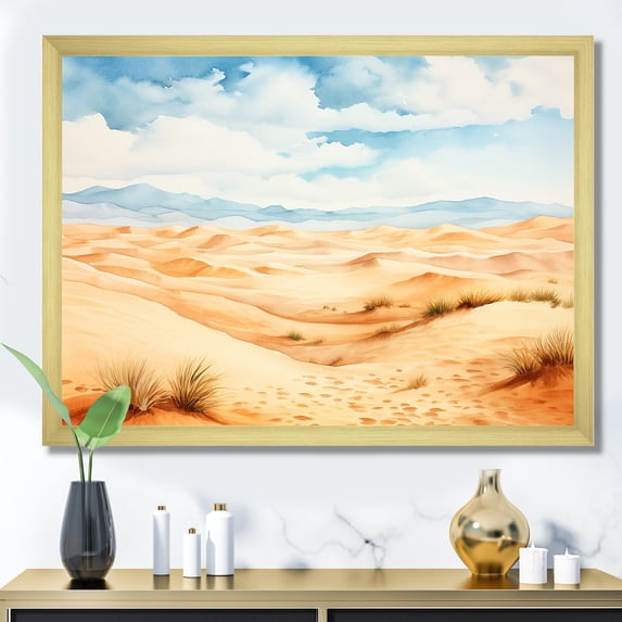 Designart "African Sand Dunes Desert Landscape I" Landscapes Framed Wall Art Decor - Global Yellow Desert Living Room Framed Canvas Art