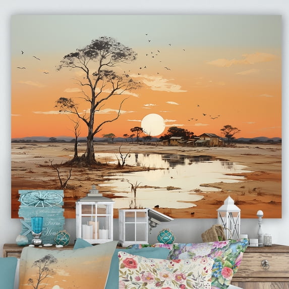 Designart "African Sunset Over The Landscape I" Africa Wall Art Living Room