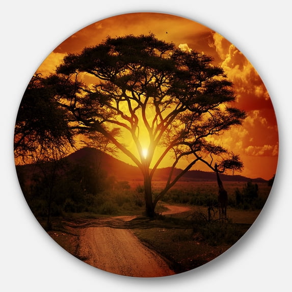 Designart 'African Sunset with Lonely Tree'African Landscape Metal Circle Wall Art