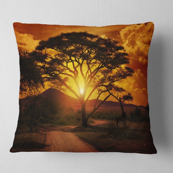 Designart African Sunset with Lonely Tree - African Landscape Printed Throw Pillow - 18x18