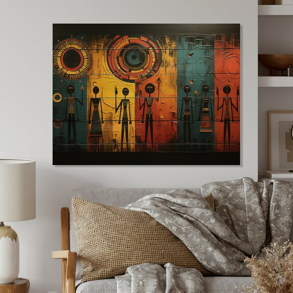Designart "African Tribal flow VII" African Tribes Print on Natural Pine Wood