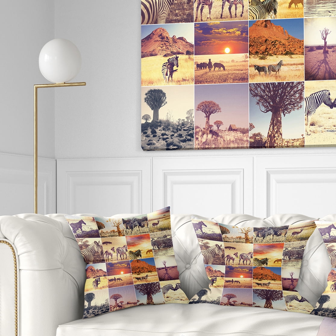 Designart African Wildlife and Nature Collage - African Landscape Printed Throw Pillow - 16x16