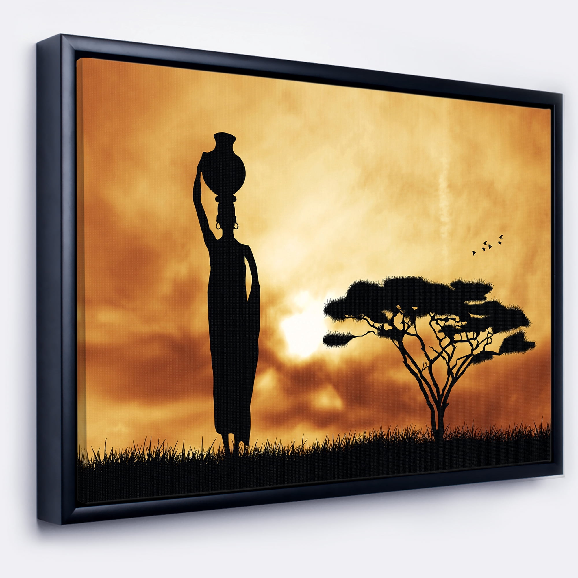 Designart ' African Woman and Lonely Tree ' African Landscape Framed Canvas Art Print