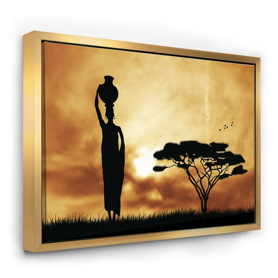 Designart ' African Woman and Lonely Tree ' African Landscape Framed Canvas Art Print