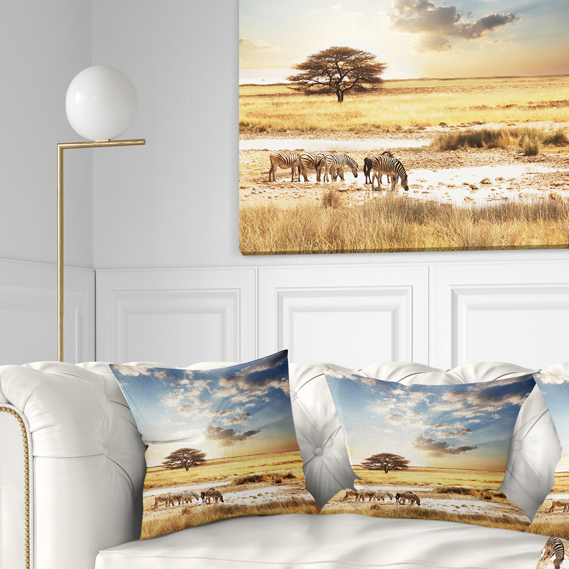 Designart African Zebras Drinking Water - African Throw Pillow - 18x18