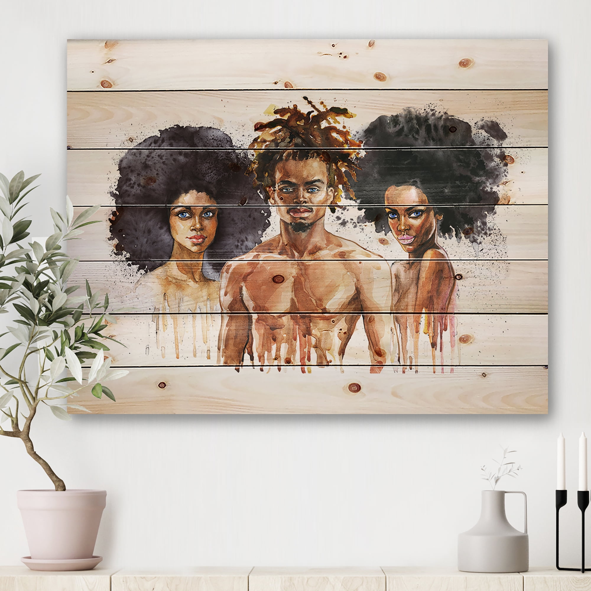 Designart 'Afro American Fashion Portraits' Glam Print on Natural Pine Wood
