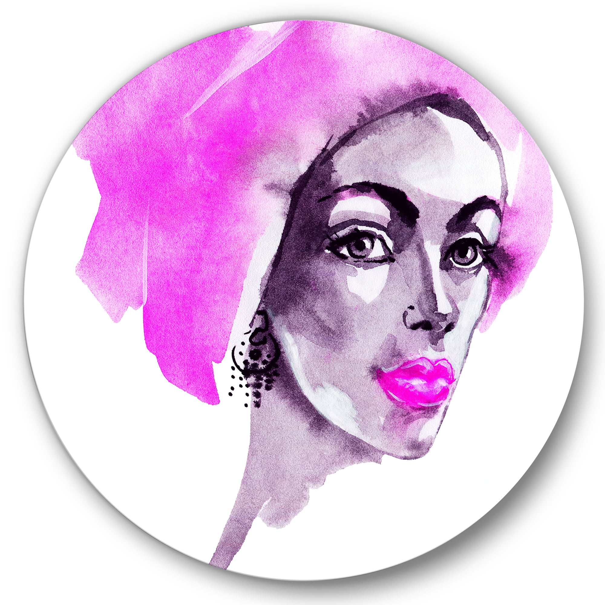 Designart 'Afro American Pink Woman Fashion Portrait' Modern Circle Metal Wall Art 11x11 - Disc of 11