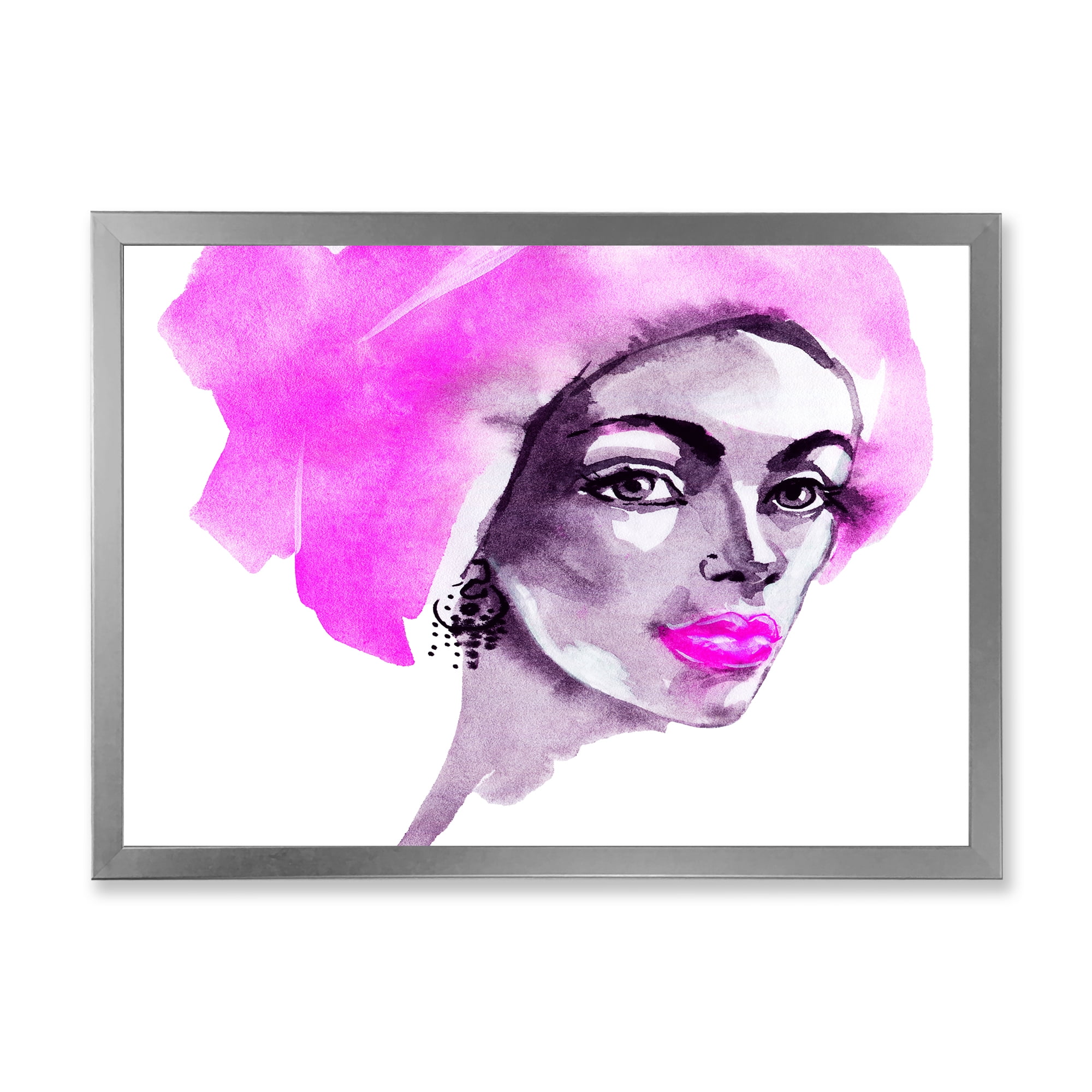 Designart 'Afro American Pink Woman Fashion Portrait' Modern Framed Art Print