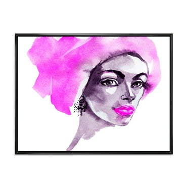 Designart 'Afro American Pink Woman Fashion Portrait' Modern Framed Canvas Wall Art Print