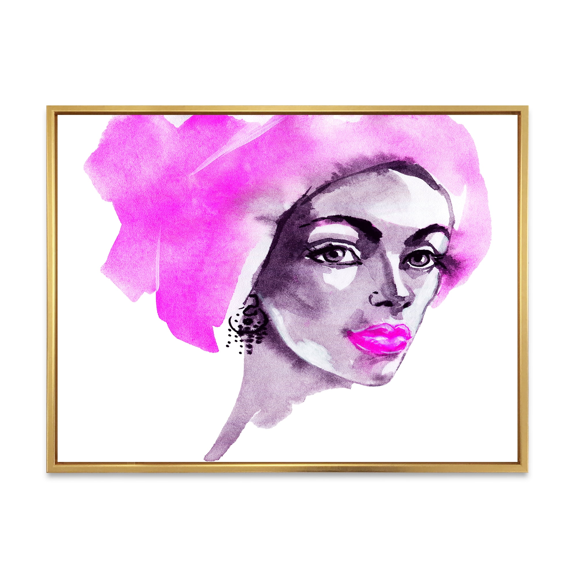 Designart 'Afro American Pink Woman Fashion Portrait' Modern Framed Canvas Wall Art Print