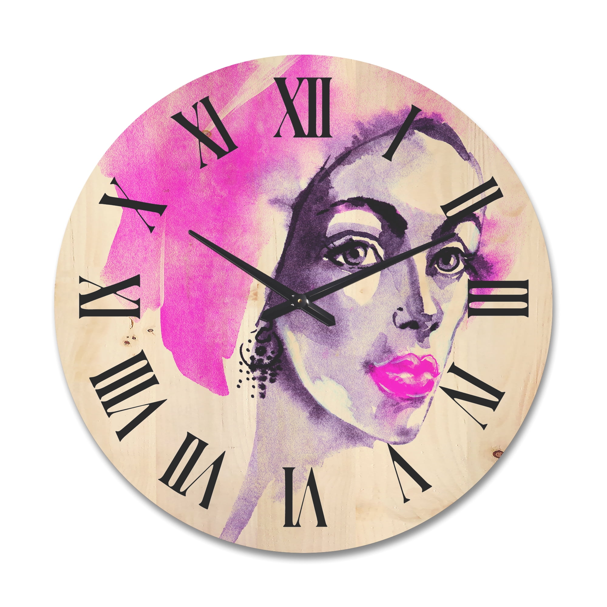 Designart 'Afro American Pink Woman Fashion Portrait' Modern Wood Wall Clock