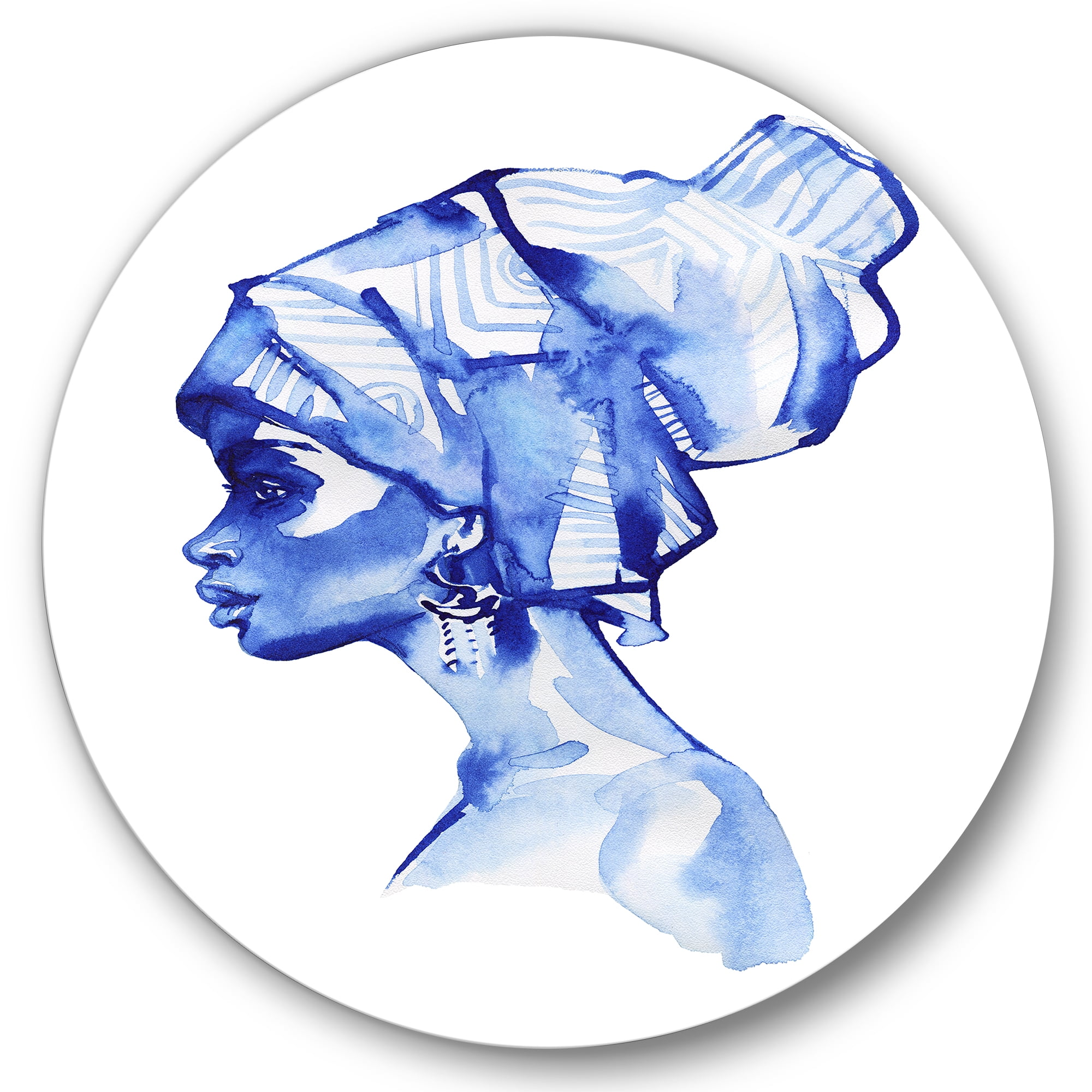 Designart 'Afro American Woman Blue Fashion Portrait' Modern Circle Metal Wall Art 36x36 - Disc of 36