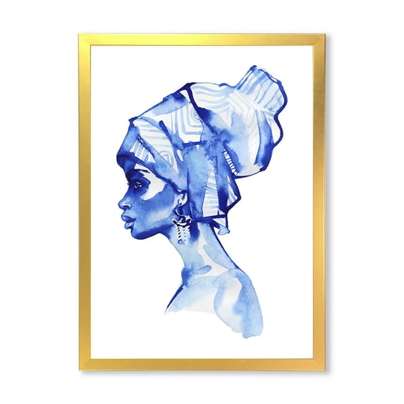 Designart 'Afro American Woman Blue Fashion Portrait' Modern Framed Art Print