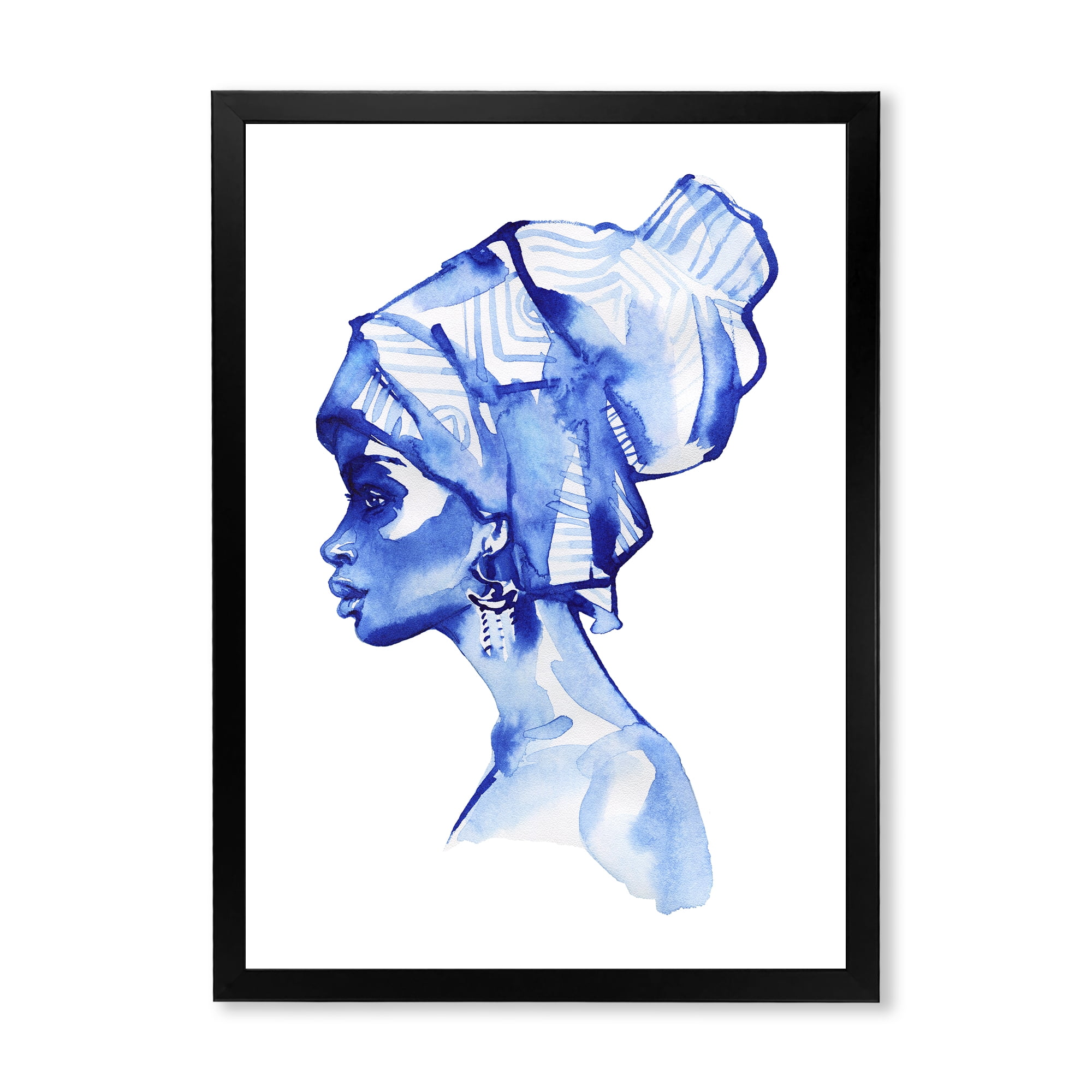Designart 'Afro American Woman Blue Fashion Portrait' Modern Framed Art Print