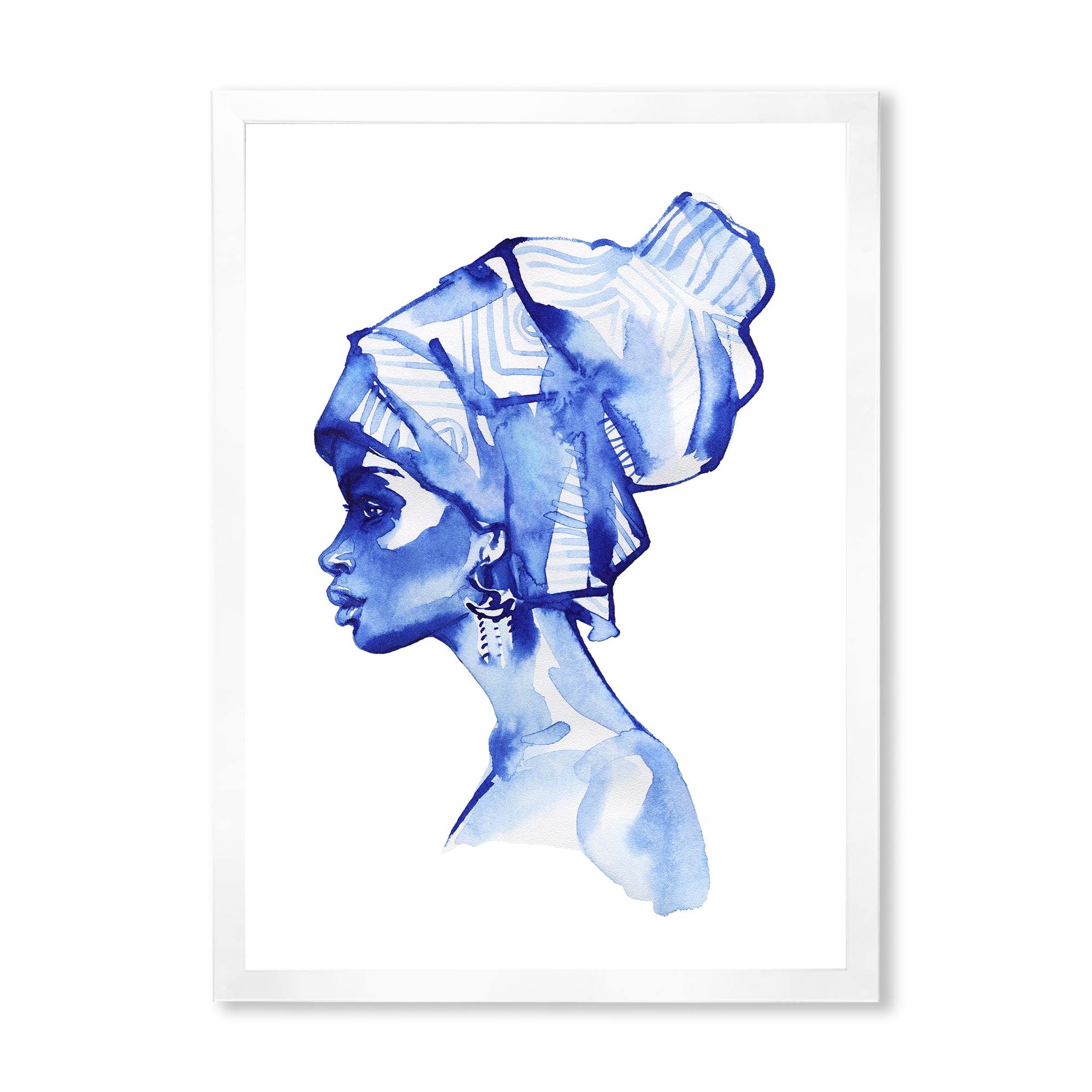Designart 'Afro American Woman Blue Fashion Portrait' Modern Framed Art Print