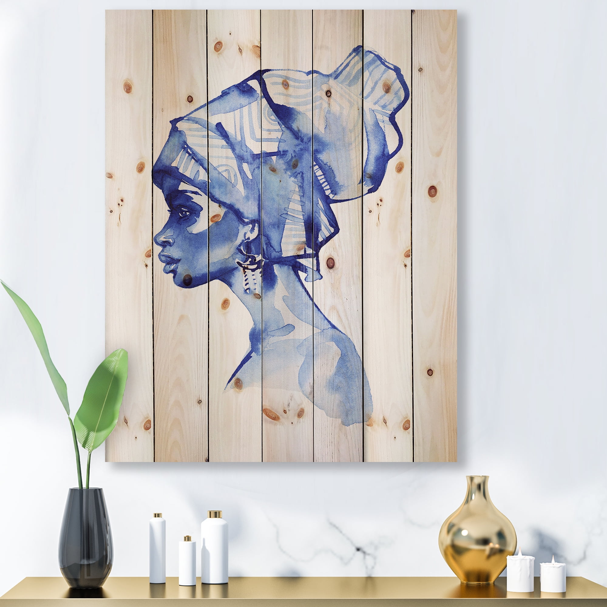 Designart 'Afro American Woman Blue Fashion Portrait' Modern Print on Natural Pine Wood