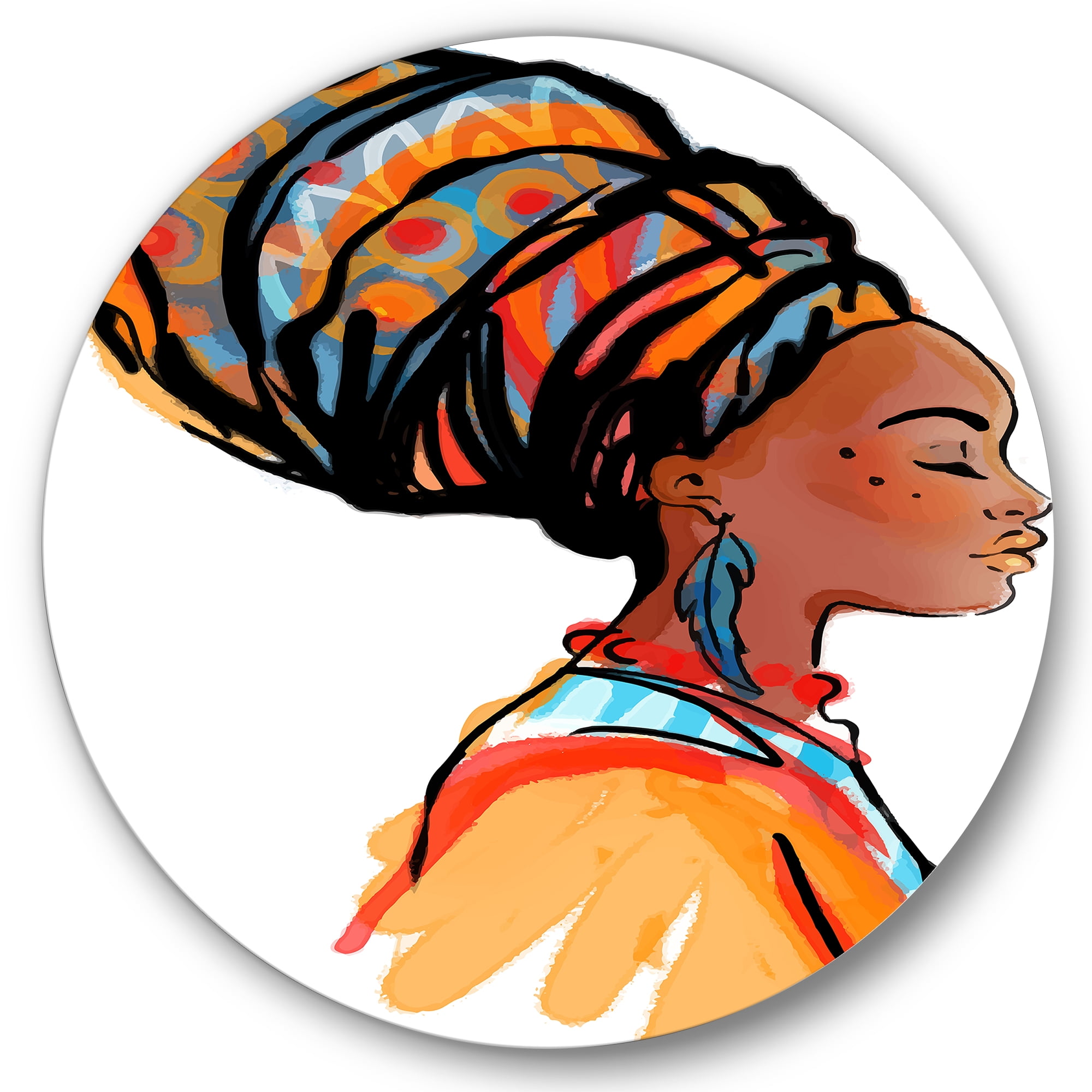Designart 'Afro American Woman with Turban I' Modern Circle Metal Wall Art 29x29 - Disc of 29