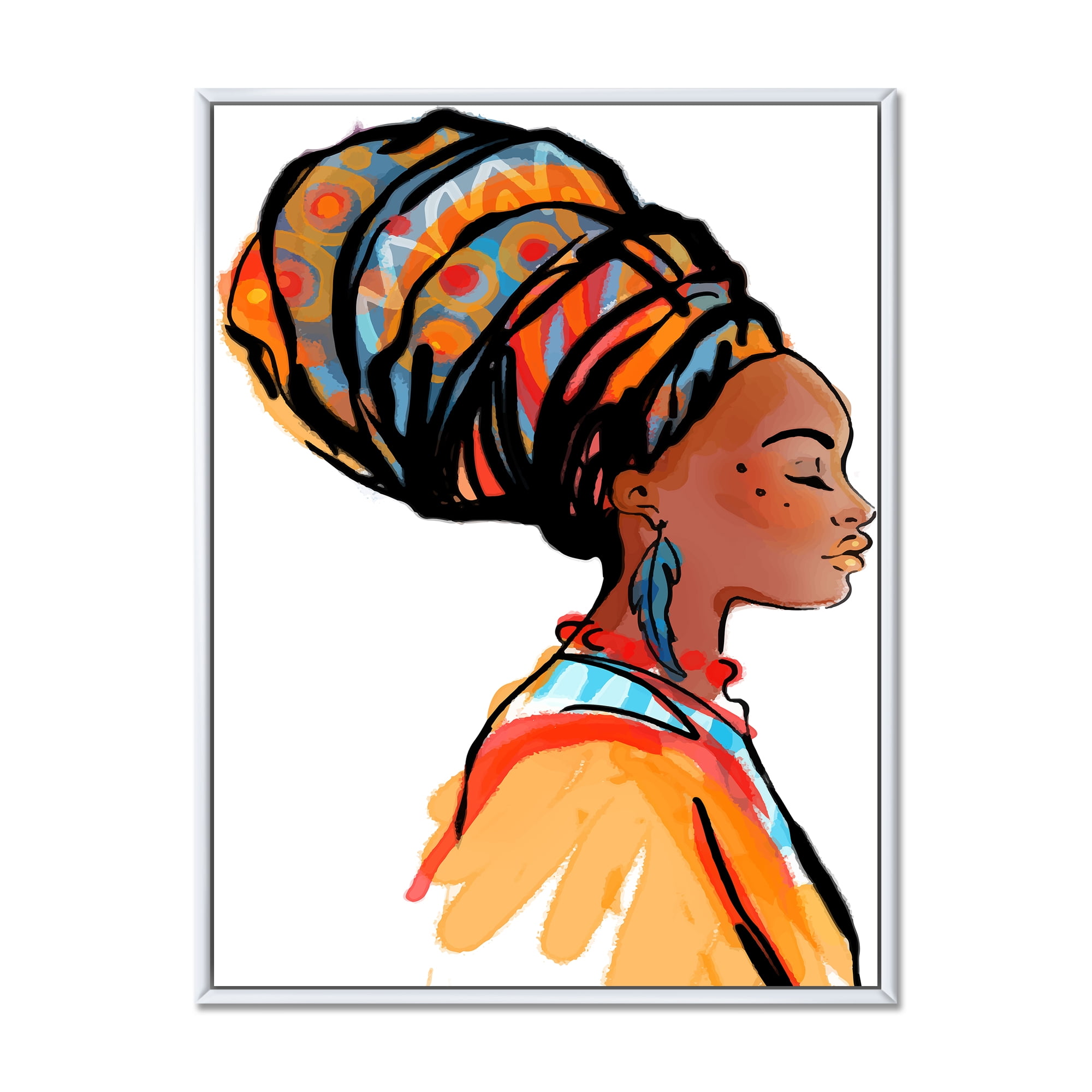 Designart 'Afro American Woman with Turban I' Modern Framed Canvas Wall Art Print
