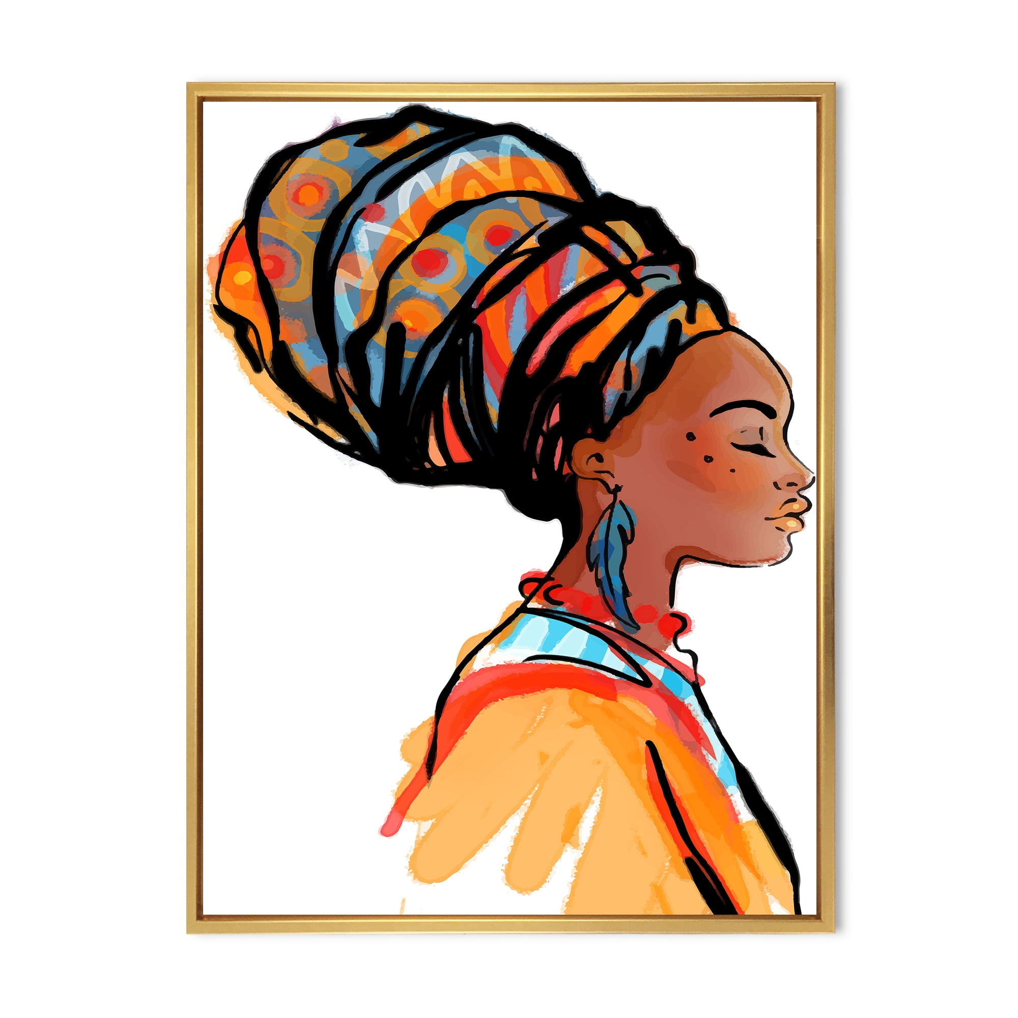 Designart 'Afro American Woman with Turban I' Modern Framed Canvas Wall Art Print