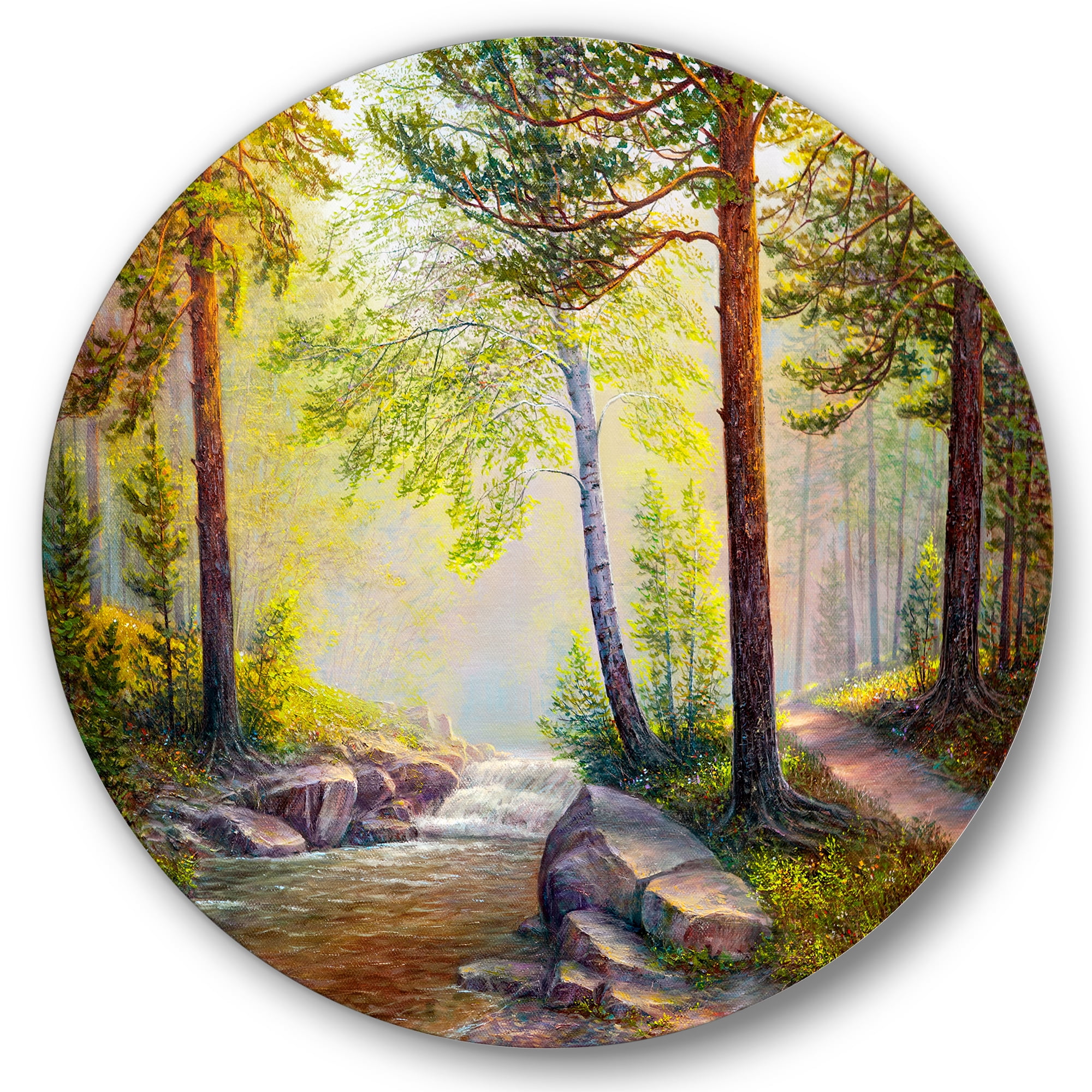 Designart 'Afternoon Light Through The Forest Trees' Traditional Circle Metal Wall Art 29x29 - Disc of 29