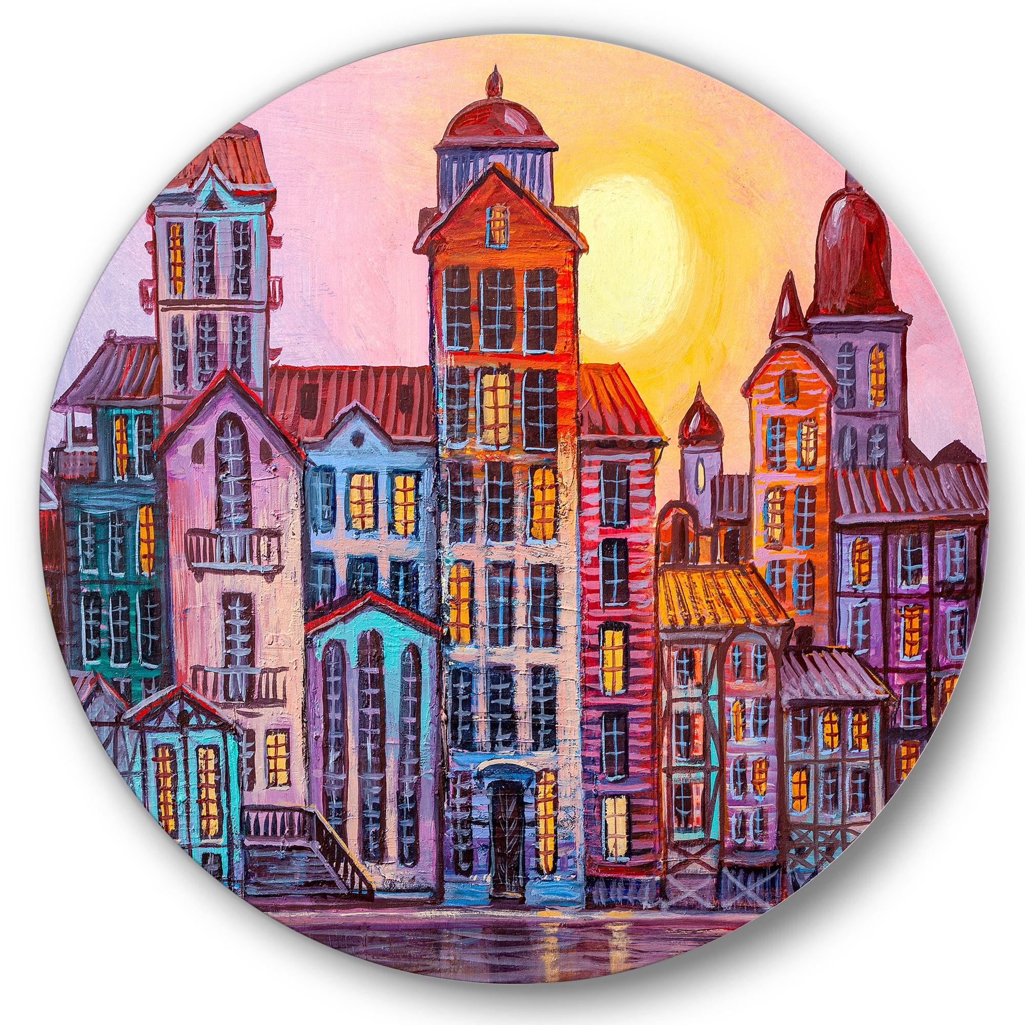 Designart 'Afternoon Street Scene In Old Town With Colorful Buildings' Mid-Century Modern Circle Metal Wall Art 23x23 - Disc of 23