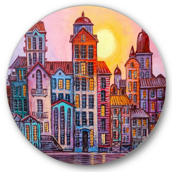 Designart 'Afternoon Street Scene In Old Town With Colorful Buildings' Mid-Century Modern Circle Metal Wall Art 36x36 - Disc of 36