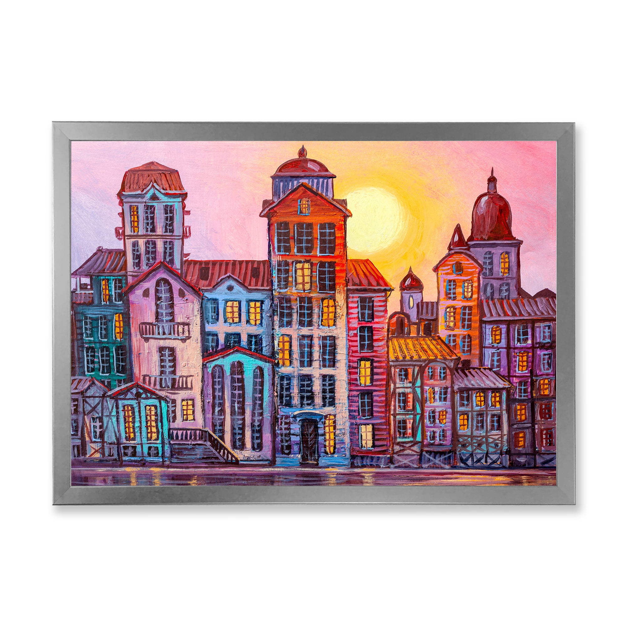 Designart 'Afternoon Street Scene In Old Town With Colorful Buildings' Mid-Century Modern Framed Art Print