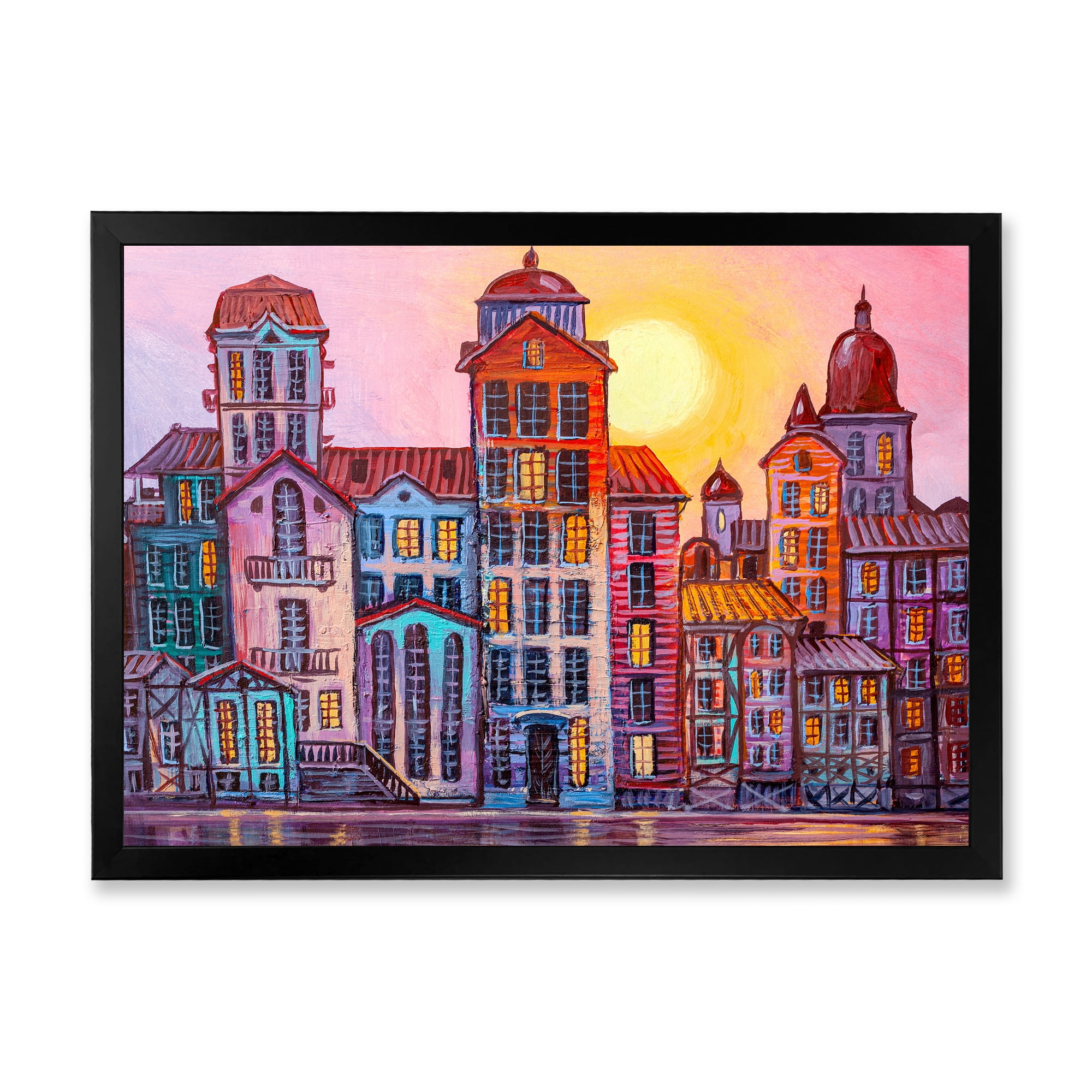 Designart 'Afternoon Street Scene In Old Town With Colorful Buildings' Mid-Century Modern Framed Art Print