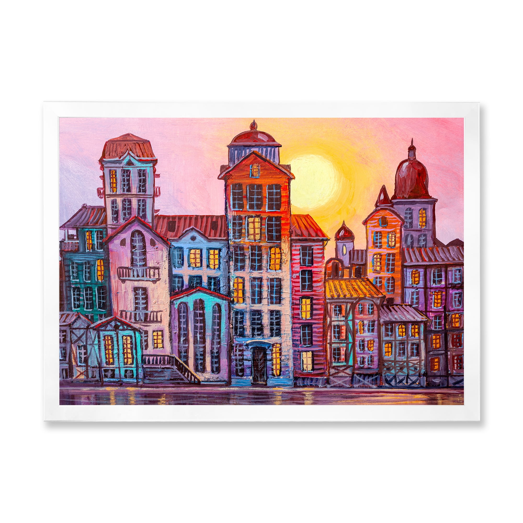 Designart 'Afternoon Street Scene In Old Town With Colorful Buildings' Mid-Century Modern Framed Art Print