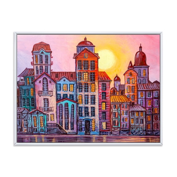 Designart 'Afternoon Street Scene In Old Town With Colorful Buildings' Mid-Century Modern Framed Canvas Wall Art Print
