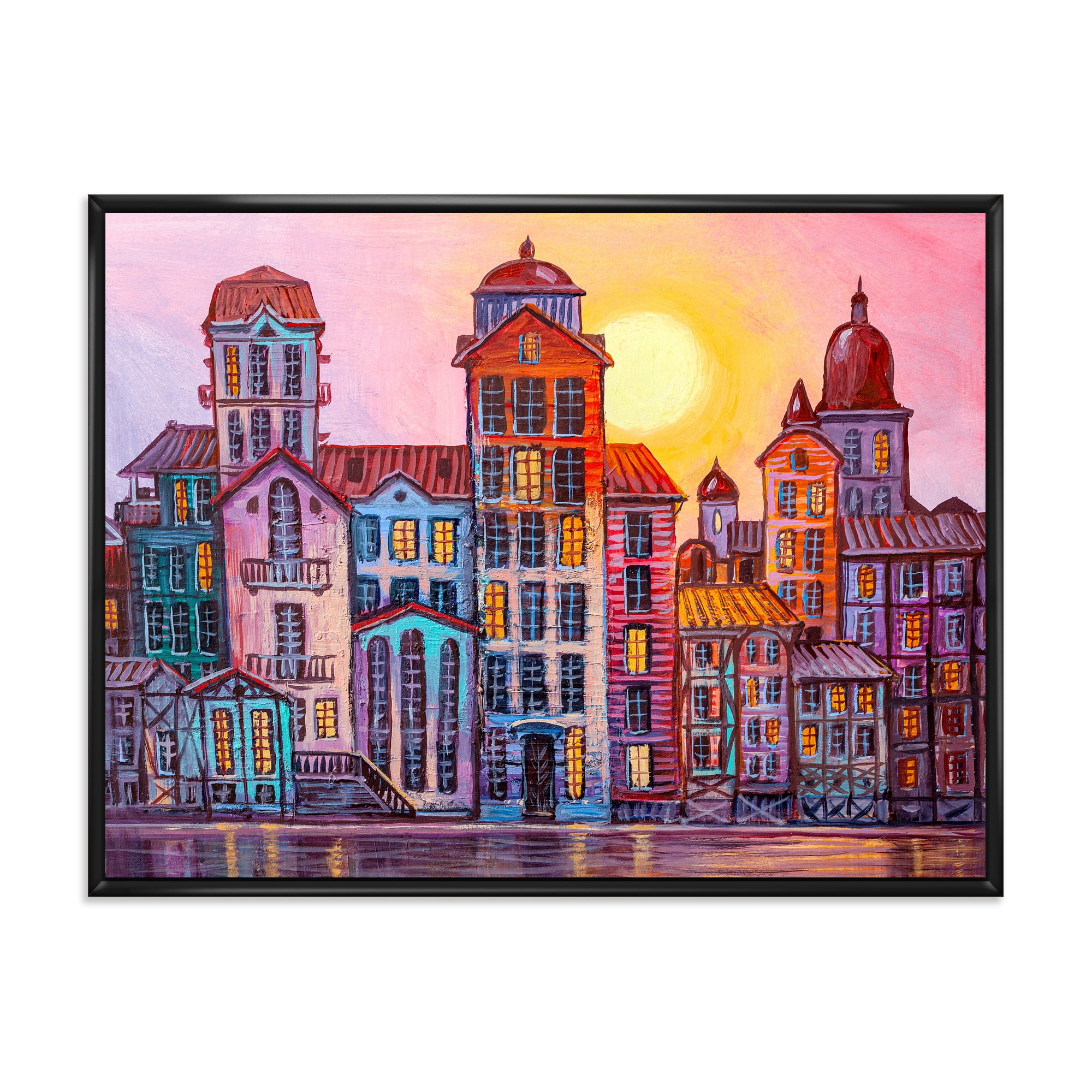 Designart 'Afternoon Street Scene In Old Town With Colorful Buildings' Mid-Century Modern Framed Canvas Wall Art Print