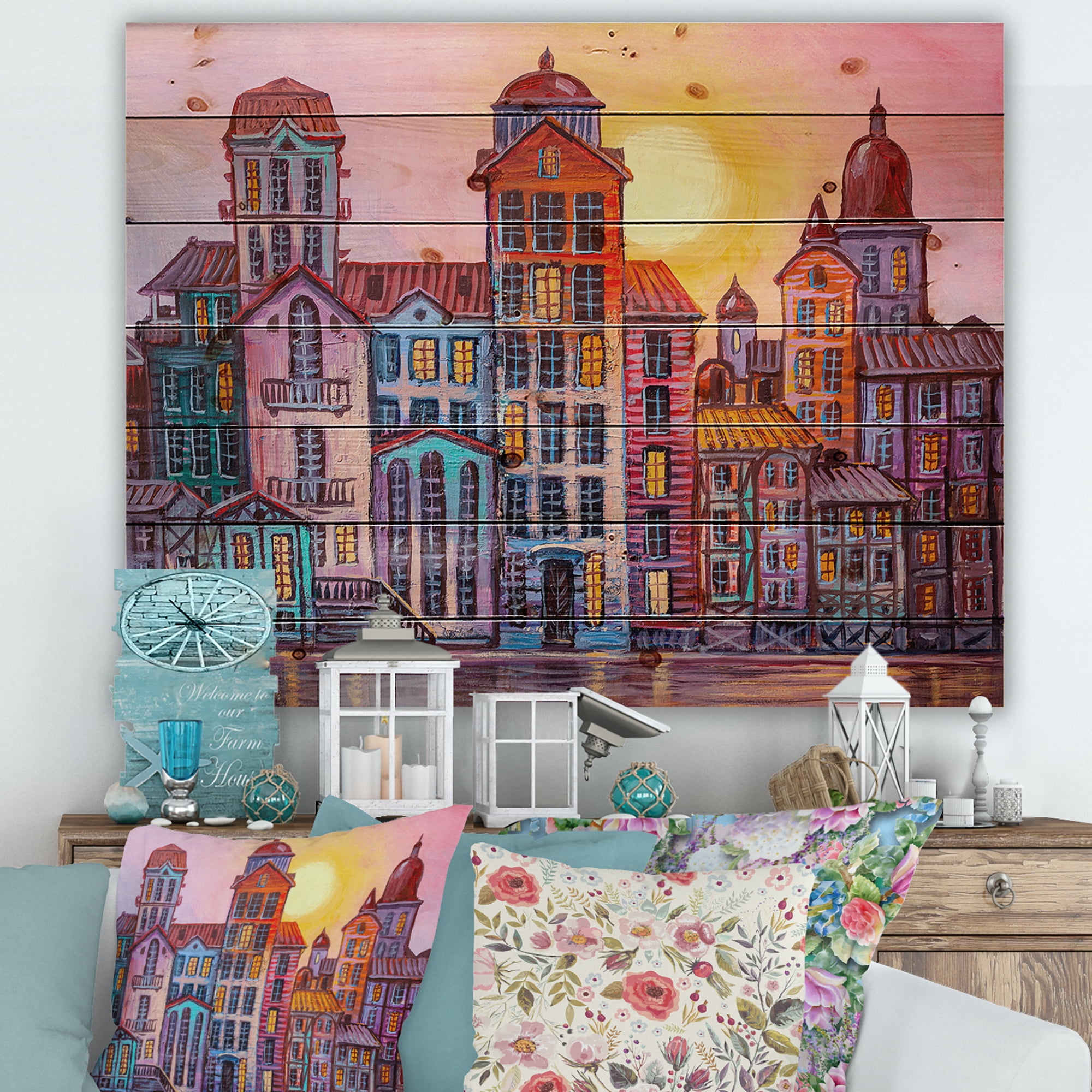 Designart 'Afternoon Street Scene In Old Town With Colorful Buildings' Mid-Century Modern Print on Natural Pine Wood