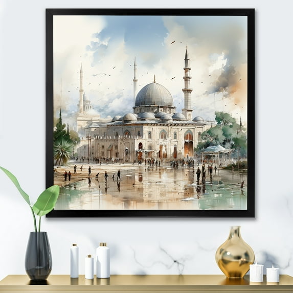 Designart "Al-Aqsa Mosque Prophet’s III" Spiritual Framed Wall Art Decor - Global Beige Islam Entryway Framed Wall Art