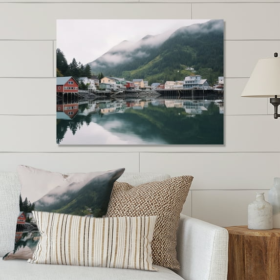 Designart "Alaska Village On The Lake Lakeside Haven" Landscapes Metal Art Living Room