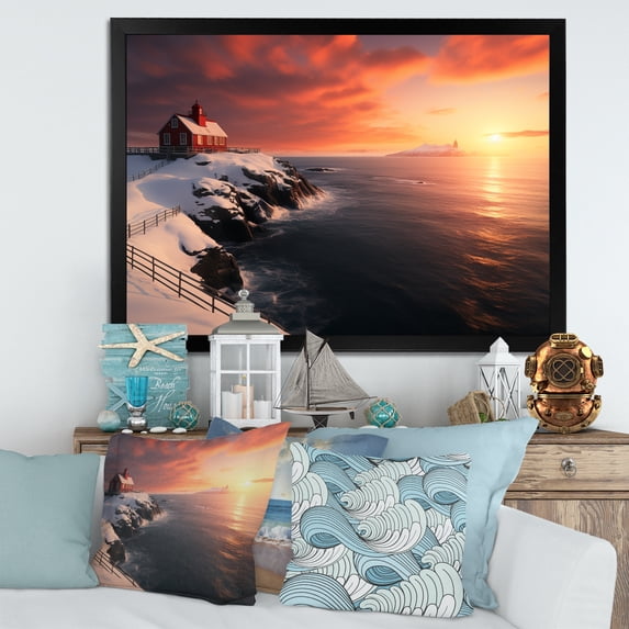 Designart "Alaska's Coastal Guardian Lighthouse III" Coastal Framed Wall Art Decor - Coastal Yellow Coastal Light House Living Room Framed Canvas Art